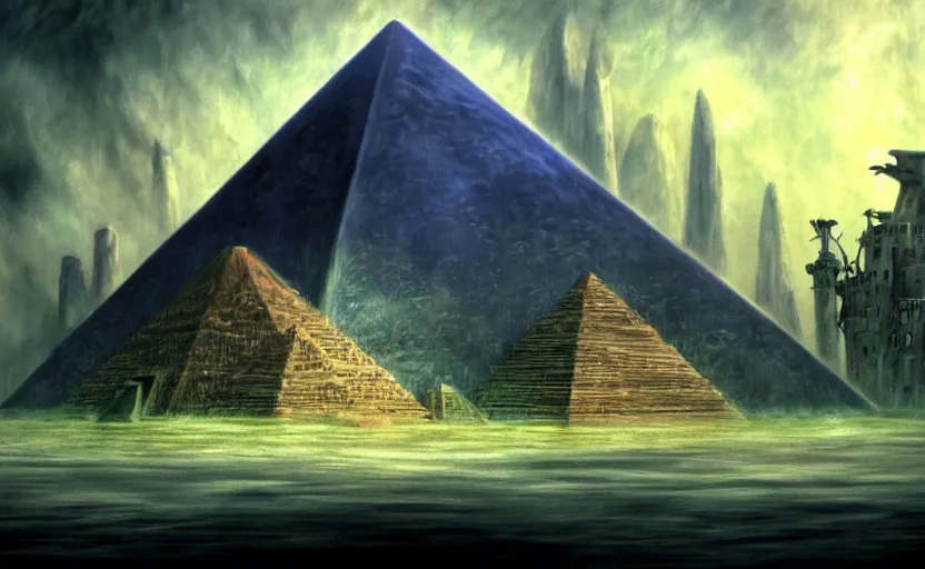 Prompt: a realistic and atmospheric cell - shaded concept art from howl's moving castle ( 2 0 0 4 ) of a futurist sci - fi city and an egyptian pyramid complex in a flooded rainforest. very dull muted colors, hd, 4 k, hq