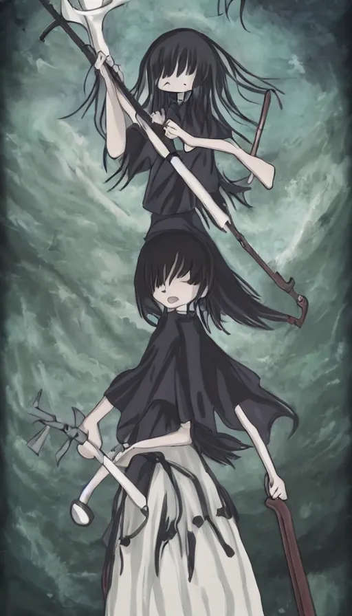 Image similar to the being death as a cute anime girl with a giant scythe from a studio ghibli film inspired by the death tarot card, dark vibes