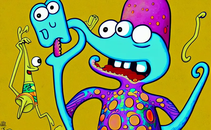 Image similar to squidward taking an acid trip, digital painting, intricate detail, highly detailed, trending on artstation, spongebob squarepants