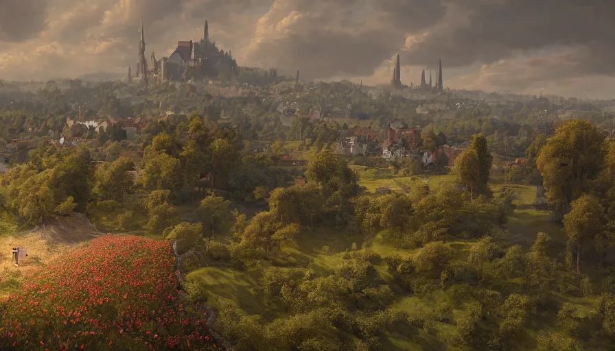 Prompt: landscape painting drone shot of a distant flower hill, behind it a distant old german city, fantasy, intricate, elegant, highly detailed, digital painting, artstation, blender, unreal engine 5, octane render, smooth, sharp focus, illustration, by greg rutkowski