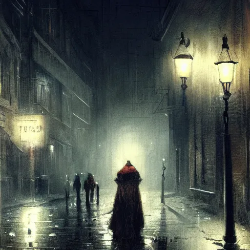 Image similar to Industrial age London street at night, dimly lit by gaslight, eerie, painting, by Greg Rutkowski