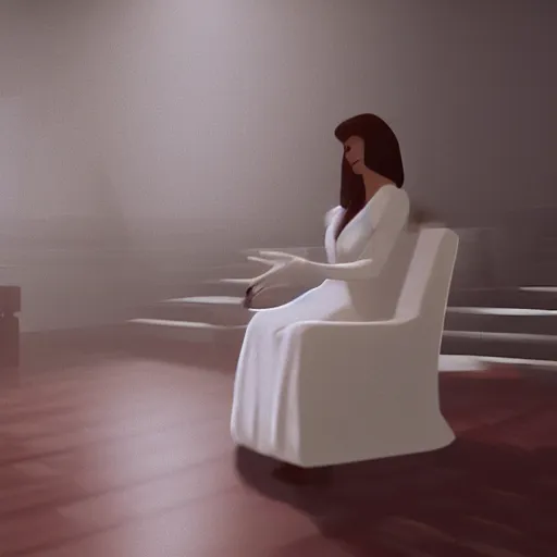 Image similar to a woman in a white dress sitting in a chair, concept art by john carpenter, reddit, hypermodernism, playstation 5 screenshot, unreal engine 5, criterion collection