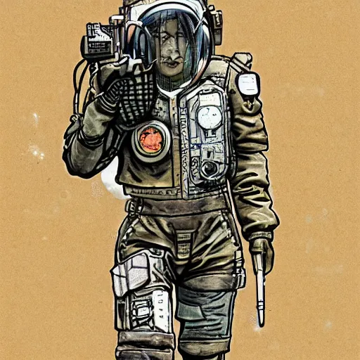 Image similar to illustration of butch tomboy stoic emotionless square - jawed heroic blonde woman wearing patched ripped dirty flight suit, staggering across desert on hostile extraterrestrial planet, pen and ink, ron cobb, mike mignogna, comic book, black and white, science fiction, punk, grunge, used future, illustration, comic book cover, - ar 1 6 : 9