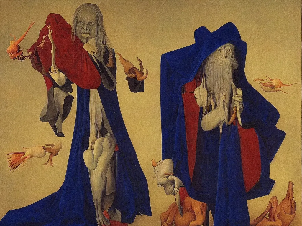 Image similar to Portrait of albino mystic with blue eyes, with demon, devil. Painting by Jan van Eyck, Audubon, Rene Magritte, Agnes Pelton, Max Ernst, Walton Ford