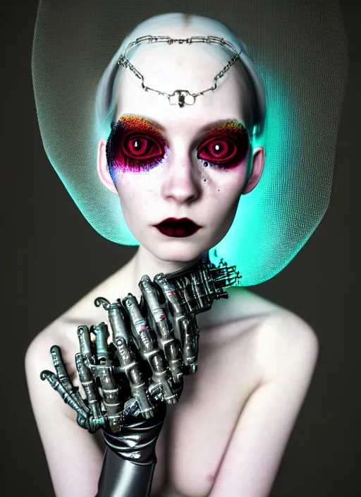 Image similar to kodak portra 4 0 0 photo portrait of a beautiful pale woman in style of tim walker, silver lace floral steampunk biomechanical, one techno eye female cyborg, big monocular, volumetric light, coloured gel light, gothic fashion, octane render, 8 k