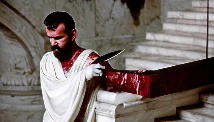 Prompt: 1 9 6 0 s movie still close - up of caligula in white toga bleeding knife wounded on marble stairs, cinestill 8 0 0 t 3 5 mm, high quality, heavy grain, high detail, dramatic light, anamorphic, detailed beard