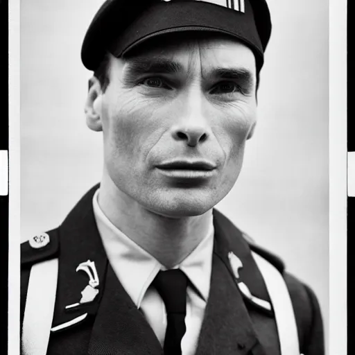 Prompt: cillian murphy in a world war ii uniform, black and white film photography, realistic face, cabinet card, 2 5 mm lens, cinematography by roger deakins