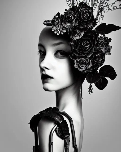 Image similar to black and white dreamy foggy poetic smoky profile face portrait, one silver steampunk realistic eye biomechanical beautiful angelic young female cyclope - cyborg - robot bust, body ribs meshes,, volumetric light, hibiscus flowers, by dora maar, rim light, big gothic fashion pearl embroidered collar, 8 k
