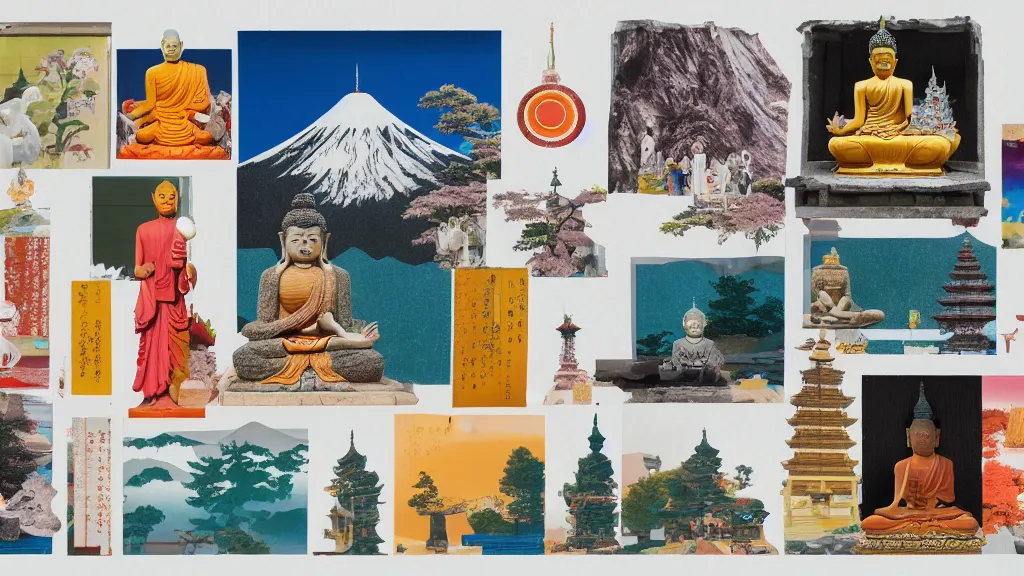 Image similar to an arrangement of buddhism traveller props, japan, a collage painting, in the style of wes anderson, lola dupre, david hockney, isolated on negative white space background dark monochrome neon spraypaint accents volumetric octane render