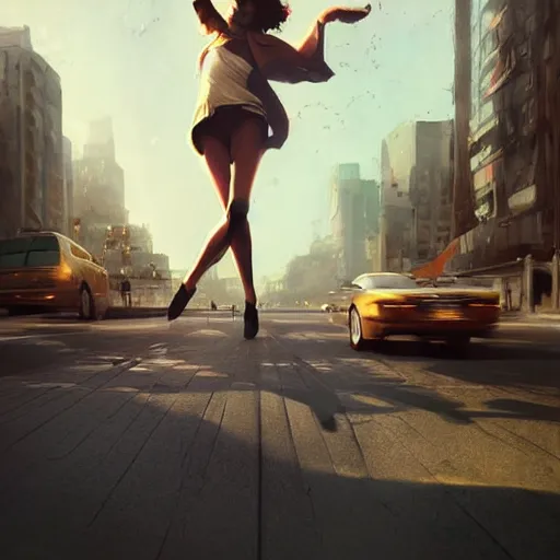 Prompt: A handsome woman, dancing in the middle of an intersection, stopping peak hour traffic, digital art, fantasy art by Greg Rutkowski