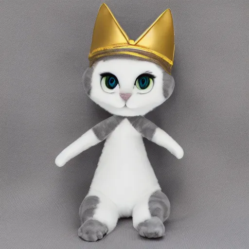 Prompt: gray anthropomorphic, cat female with a whit and chest, wearing a golden crown, big blue eyes, plushy