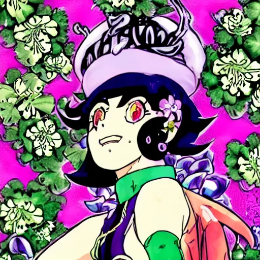Prompt: a jojo's bizarre adventure manga artstyle colorful sketch : Jolyne Cujoh, smiling with her mouth shut, not looking at the camera, with a saint aureola, black and white, wearing a veil, shamrocks and lilies in the background by by hirohiko araki shonen jump, crisp details, realistic, featured on Artscape