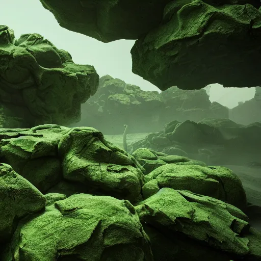 Image similar to chaosrealm with green mist, wasteland, floating rocks, cinematic, ray traced, octane render, cinematic lighting, ultrarealistic, featured on artstation, 8 k uhd artwork