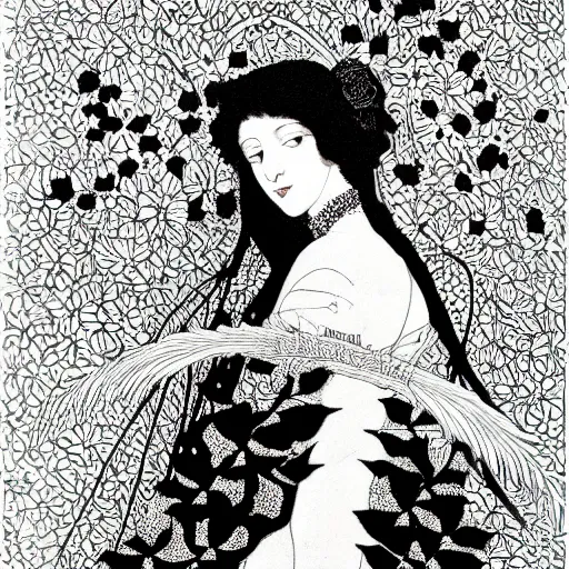 Prompt: highly detailed, sharp focus 4k, highly detailed, sharp focus lithography by Aubrey Beardsley, Portrait of a beautiful woman with flowers in her hair ,