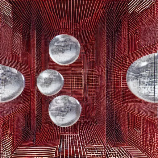 Prompt: chrome spheres on a red cube by peter gric