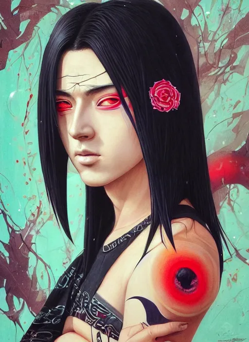 Image similar to beautiful portrait of Itachi Uchiha, by Tristan Eaton, Stanley Artgermm, Tom Bagshaw, Greg Rutkowski, Carne Griffiths. trending on DeviantArt, face enhance, hyper detailed, trending on Artstation, 8k, masterpiece, graffiti paint, fine detail, full of color, intricate detail, golden ratio illustration