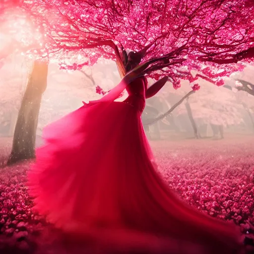 Prompt: a high definition photo of a woman wearing a red dress gracefully dancing in a forest of cherry blossoms as pink petals surround her as she controls the wind, artstation, extremely detailed man, stunning volumetric lighting, hyper realism, fantasy 4k