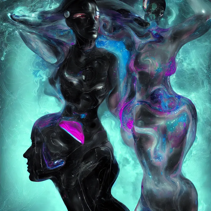 Image similar to a digital painting of a technomancer woman attached by love, floating into a dark void. surrounded by synthesized ai djinn hologram, an ultrafine detailed painting by alberto seveso, a silk screen by julian schnabel, featured on deviantart, modern european ink painting, photoillustration, impressionism, biomorphic, behance hd, lovecraftian