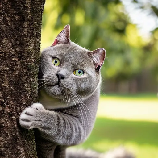 Prompt: photorealistic photo of a British Shorthair cat. climbing a tree. Chasing a squirrel. Long shot. Super realistic.