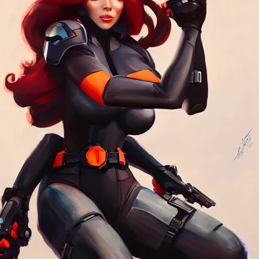 Image similar to greg manchess portrait painting of black widow as overwatch character, medium shot, asymmetrical, profile picture, organic painting, sunny day, matte painting, bold shapes, hard edges, street art, trending on artstation, by huang guangjian and gil elvgren and sachin teng