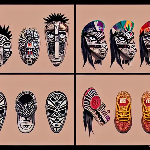 Image similar to sneaker design concept art, aztec mayan street fashion native punk sneaker design, majora's mask, wearing wooden mask, hip hop sneaker design with subtle mayan patterns, gapmoe yandere grimdark, trending on pixiv fanbox, painted by greg rutkowski makoto shinkai takashi takeuchi studio ghibli, akihiko yoshida