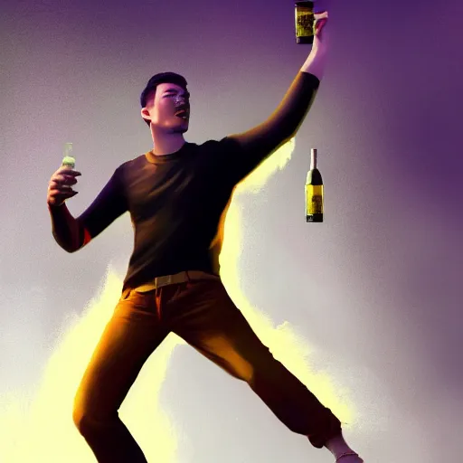 Prompt: artistic rendition of a man jumping in the while holding a bottle, dramatic lighting, studio, maximalist, trending on Artstation by Ross Tran