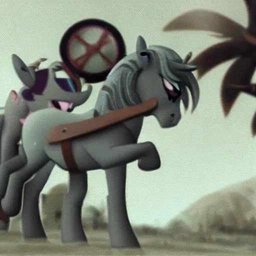 Image similar to My Little Pony in World War 2 battlefield footage taken on old camera