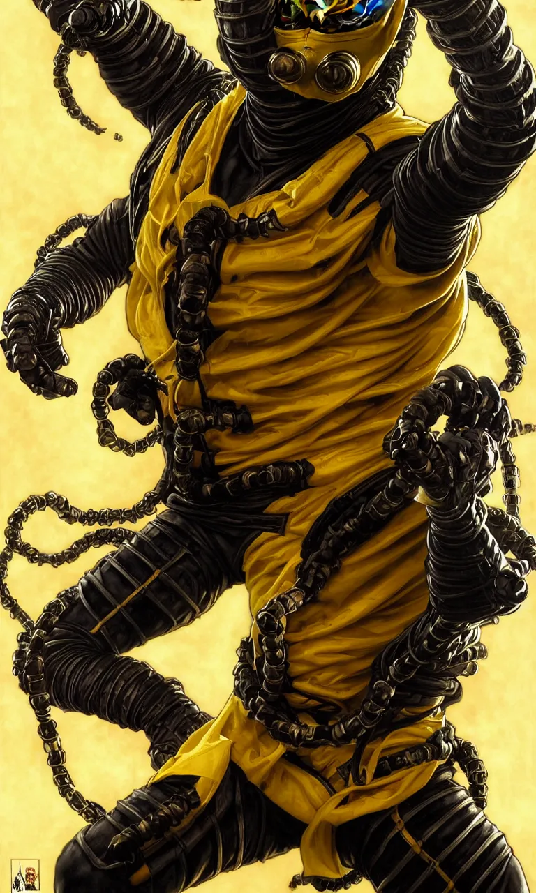 Image similar to hyper realistic full body portrait of scorpion from mortal kombat, mk ninja character, yellow ninja exosuit, dynamic chain movement around him, by lee bermejo, alphonse mucha and greg rutkowski