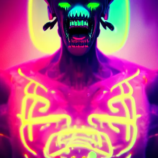 Prompt: synthwave demonic alien face with neon tattos, detailed face, sharp focus, synthwave art, aesthetic, octane render, raw, cinematic, colorful