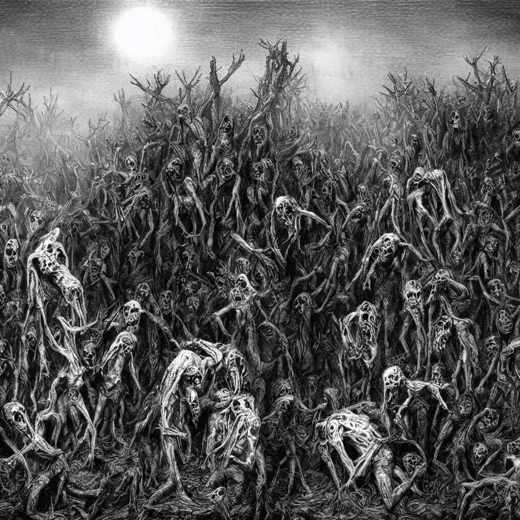 Image similar to night of the living dead, creepy atmosphere, dark, realistic, illustration by gustave dore