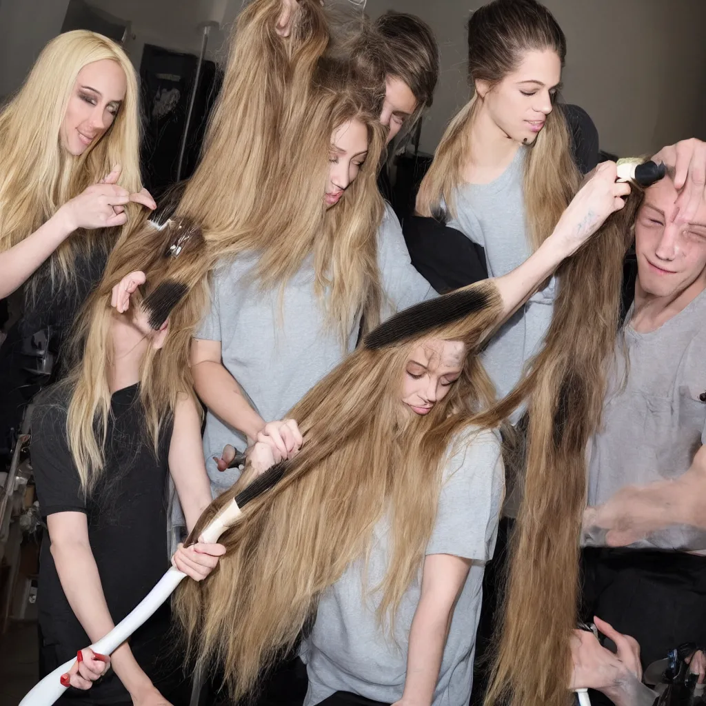 Image similar to pete davidson brushing jessica's long blond hair with a huge hairbrush, comically large hairbrush, ultra - realistic photograph