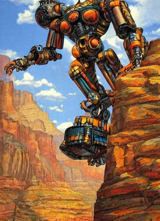 Prompt: realistic physically based rendering of a giant mechanical robot wasp at the grand canyon by jack kirby!!! and simon bisley, epic, awesome trendy color palette, cinematic, diorama