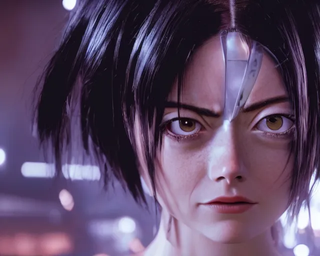 Image similar to a film still from battle angel alita played by actress emma stone, portrait, beautiful, cinematic lighting, photorealistic, hyperrealistic, highly detailed, close - up, high resolution, 4 k