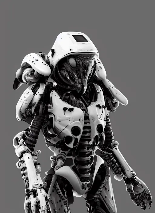 Image similar to a photorealistic dramatic hyperrealistic render of a predator the alien hunter exosuit in white bone armor, ultra realistic details, well worn by paul dave malla, cedric seaut from artstation, beautiful dramatic dark moody tones and lighting, cinematic atmosphere, studio lighting, global illumination, shadows, dark background, concept design art octane render, 8 k