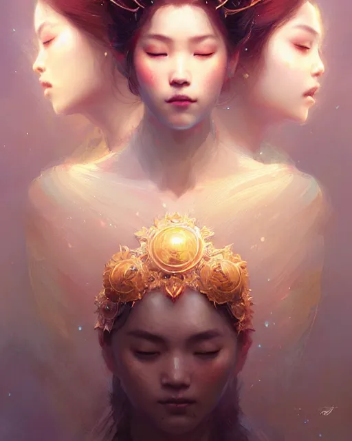 Prompt: the three suns, fractal crystal, beauty portrait by artgerm, ruan jia, tooth wu, wlop, james jean, victo ngai, intricate flower tiara, long hair, delicate, beautifully lit, muted colors, highly detailed, artstation, fantasy art by craig mullins, thomas kinkade