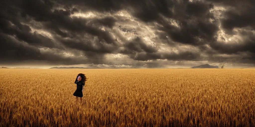 Image similar to girl is standing in a wheat field with heavy black clouds and a thunder in the background, photo by Ted Gore,