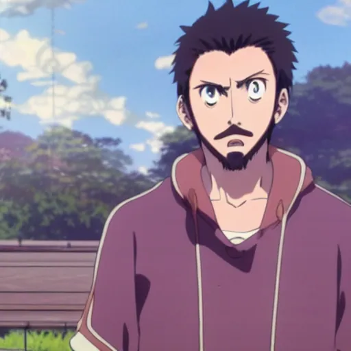 Prompt: still of forsen in an anime, by makoto shinkai