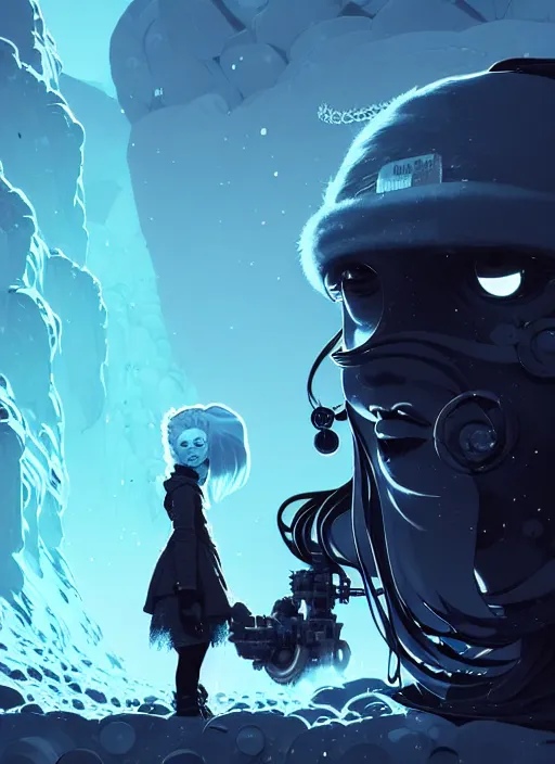 Image similar to highly detailed portrait of an angry frostpunk long blonde hair lady with robotic companion, stray wiring by atey ghailan, james gilleard, by joe fenton, by greg rutkowski, by greg tocchini, by kaethe butcher, 4 k resolution, gradient blue, black and white color scheme!!! ( ( glacier cave background ) )