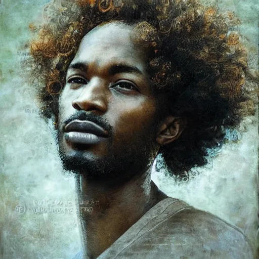 Image similar to east african man with curly hair, philosophical, contemplative, vintage, by jose miguel, francois fressinier, giovanni battista, jose miguel, beautiful, dreamy