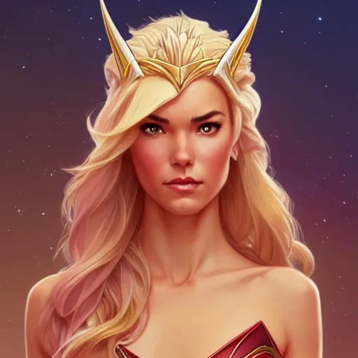 Image similar to Odette Annable with blonde hair as She-Ra, western, D&D, fantasy, intricate, elegant, highly detailed, digital painting, artstation, concept art, matte, sharp focus, illustration, art by Artgerm and Greg Rutkowski and Alphonse Mucha