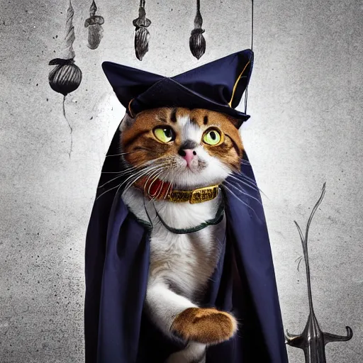 Prompt: a cat dressed as a wizard. Photography.