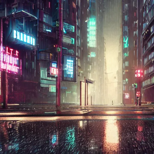 Image similar to 8 k hd detailed octane render of a cyberpunk noir city street in the rain