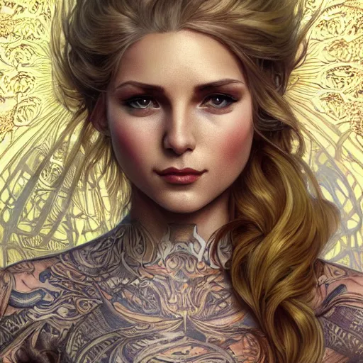 Image similar to ultra realistic illustration, a hot and beautiful tattooed blonde slavic woman in her 3 0's, intricate, elegant, highly detailed, digital painting, artstation, concept art, smooth, sharp focus, illustration, art by artgerm and greg rutkowski and alphonse mucha