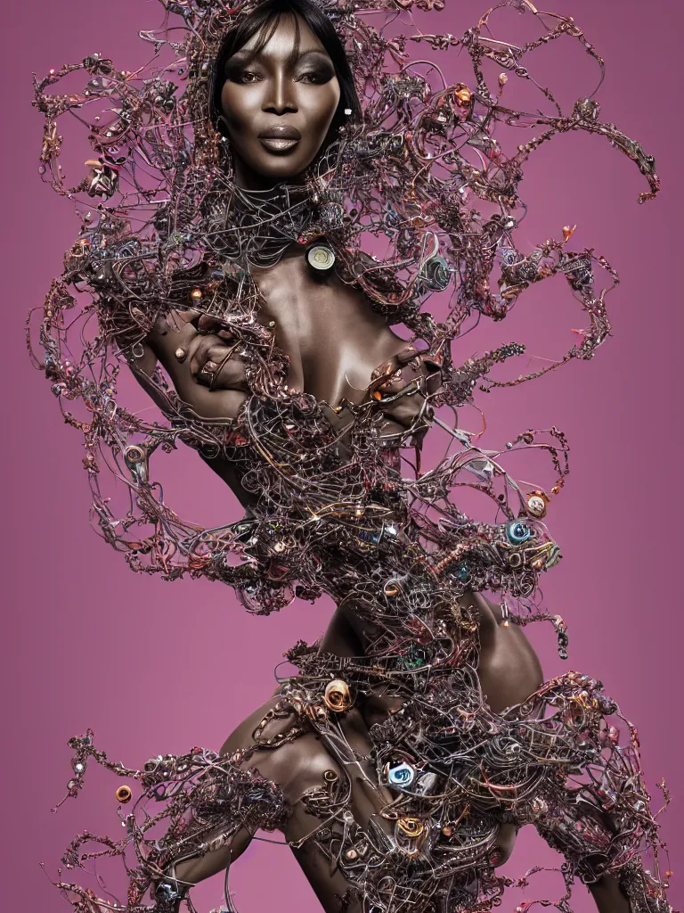 Image similar to a centered render of naomi campbell surrounded by intertwining bio - mech tendrils made of machine and robot parts with gemstones and leaves and feathers and incense smoke flowing around, full body, gorgeous face, perfect face, powerful, by james jean, by ross tran, 3 d, trending on artstation, octane render, 8 k