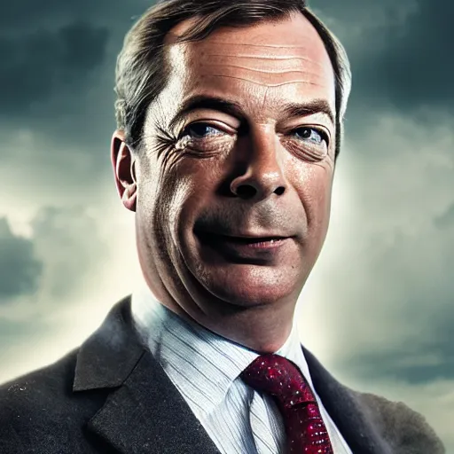 Image similar to Portrait of Nigel Farage as superman, heroic, amazing splashscreen artwork, splash art, head slightly tilted, natural light, elegant, intricate, fantasy, atmospheric lighting, cinematic, matte painting, detailed face, by Greg rutkowski