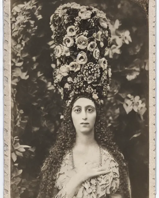 Prompt: a beautiful detailed front view portrait of marge simpson with baroque ornate growing around, flowers, plants, ornamentation, elegant, beautifully soft and dramatic lit, 1 9 1 0 polaroid photo