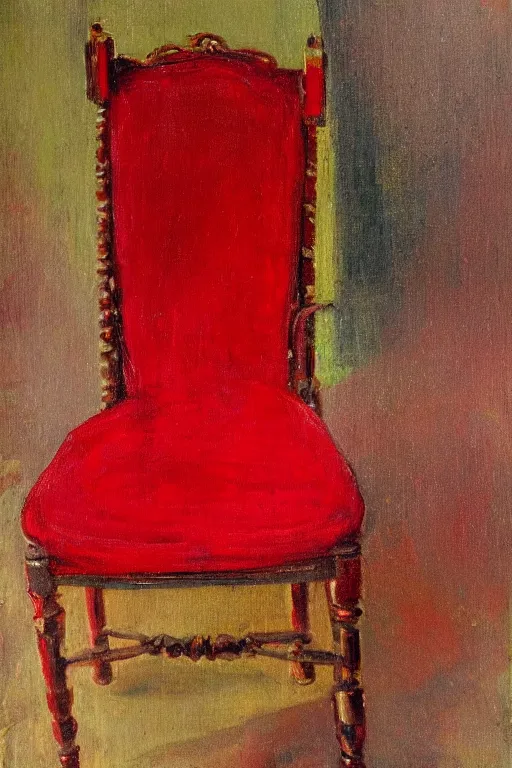 Image similar to an empty red dress laid across a chair in a dark victorian era room. in the style of american impressionism painting. triadic color scheme