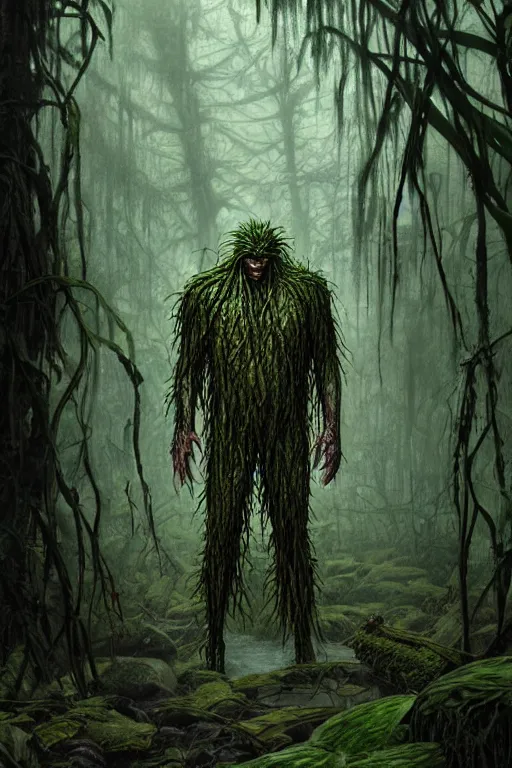 Image similar to realistic photo of the swamp thing, through the creepy forest, on the way lies a rotting corpse among the rocks. and he takes it in his hands. deep focus, intricate, elegant, highly detailed, digital painting, station art, concept art, matte, sharp focus, illustration, art by artgerm and greg rutkowski and alphonse mucha