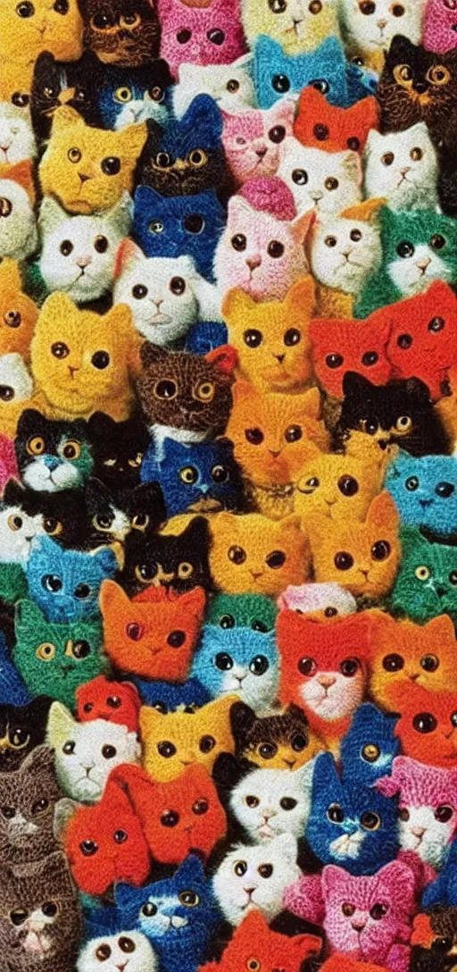 Prompt: multicolored crocheted cats, 1 9 7 0 s catalogue photo,