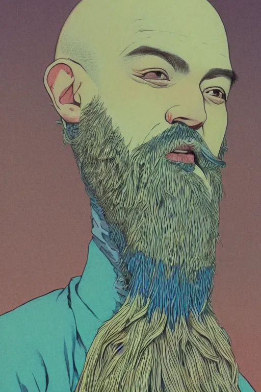 Image similar to a colorful closeup portrait of a young bald man with a very long wild beard dreaming psychedelic hallucinations in the vast icy landscape of antarctica, by kawase hasui, moebius and edward hopper, colorful flat surreal design, hd, 8 k, artstation